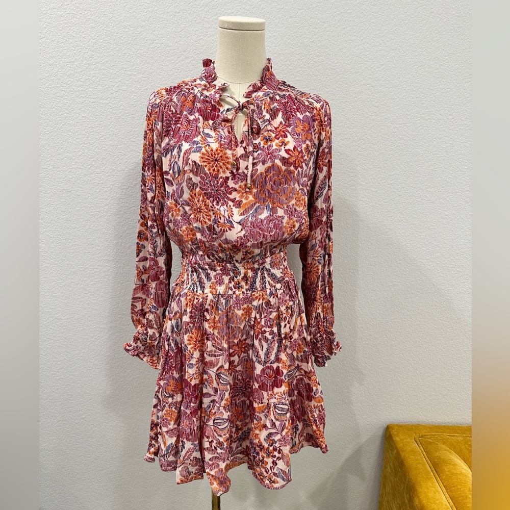 FATE Floral Print Tie Neck Ruffle Dress with Long Sleeves